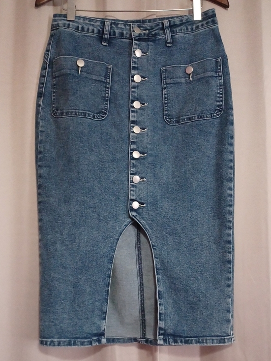 Flamingals Dresses & Skirts - Flamingals Medium Wash Denim Button Front Split Hem Midi Skirt Pockets Stretch M